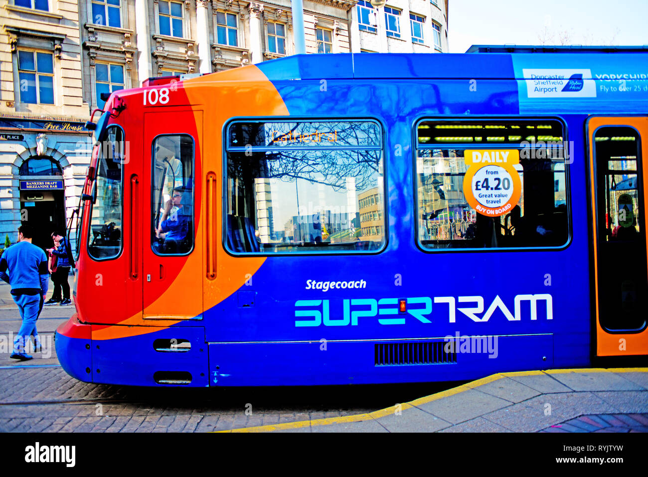 Tram in City Centre Sheffield, England Stock Photo