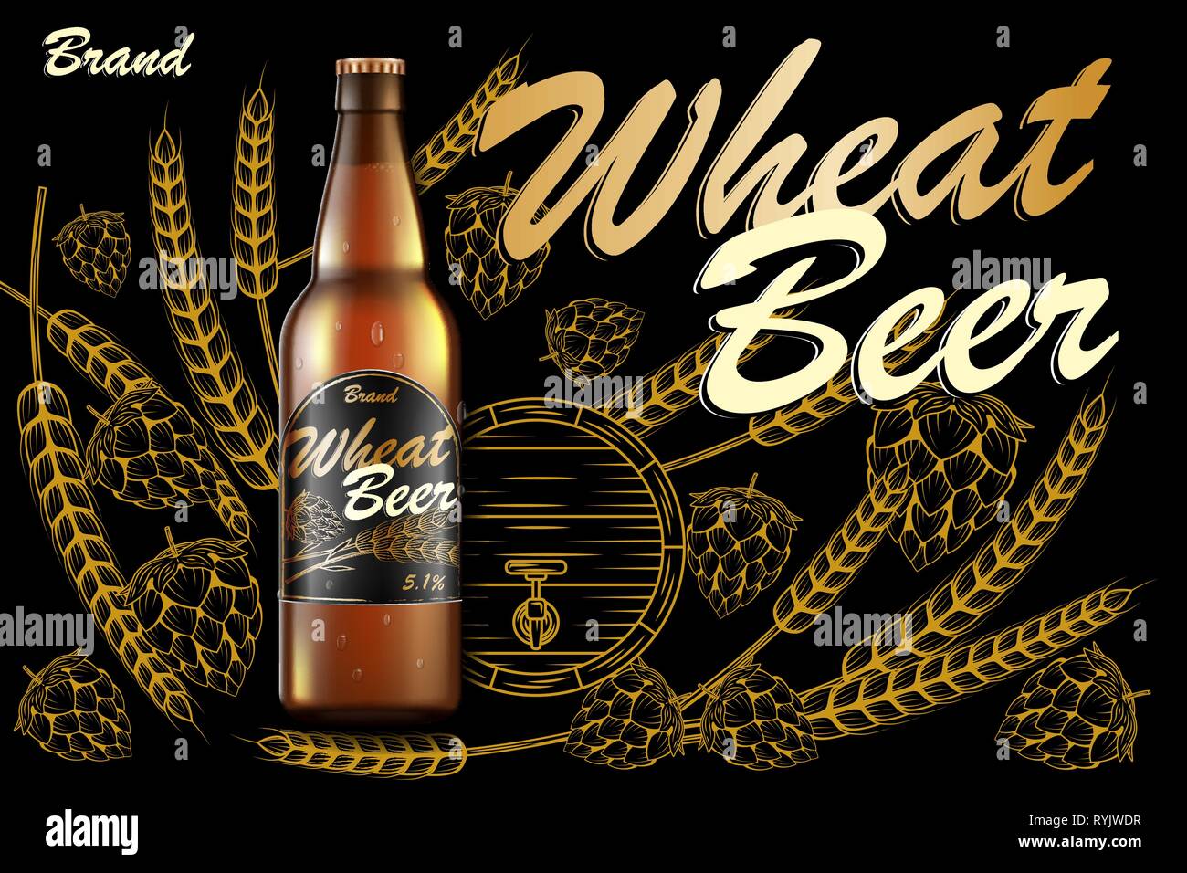 Craft wheat beer ads design. Realistic malt golden bottle beer isolated on dark background with ingredients wheats, hops and barrel. Vector 3d Stock Vector