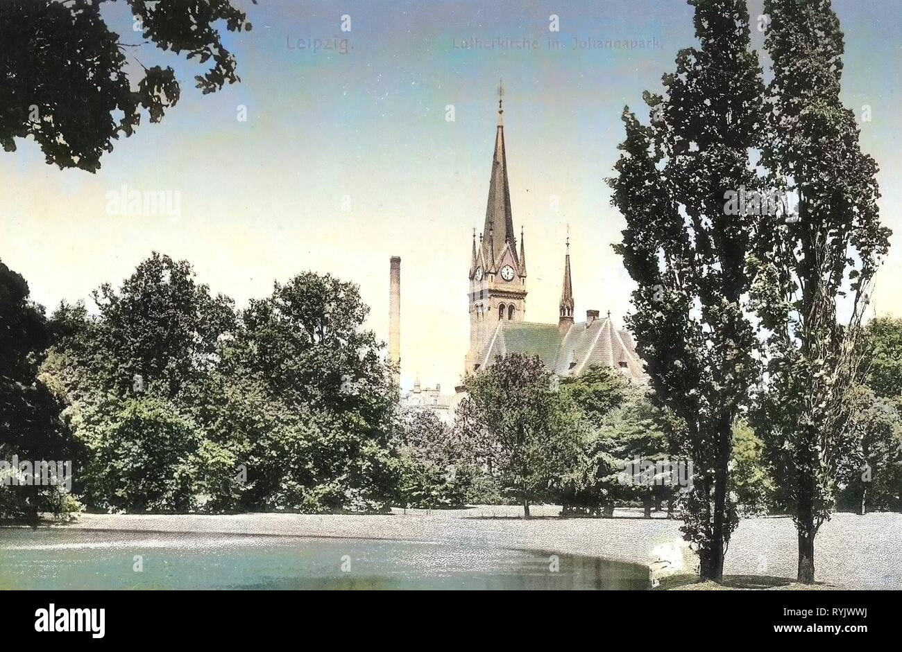 1911, Leipzig, Johannapark-Teich, Lutherkirche im Johannapark Stock Photo