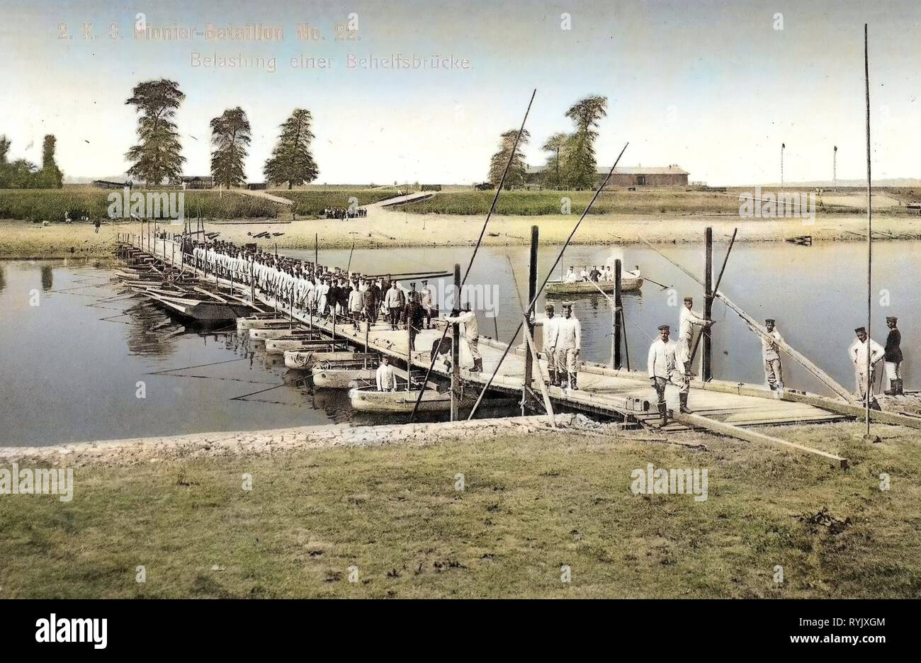 Bridges in Riesa, Temporary bridges, Buildings in Riesa, Elbe in Riesa, 1912, Landkreis Meißen, Riesa, Belastung einer Behelfsbrücke, Germany Stock Photo