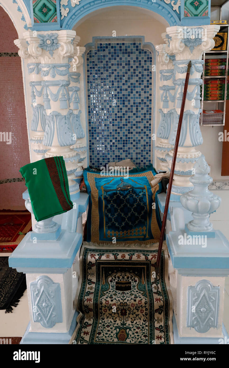 Masjid Nia'mah mosque.  Prayer hall with minbar.  Chau Doc. Vietnam. Stock Photo