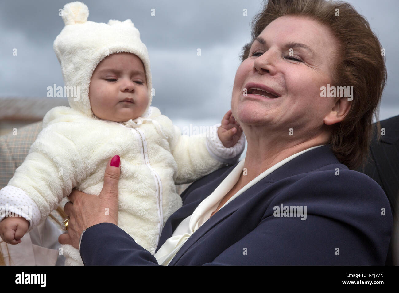Soviet cosmonaut, Deputy of the state Duma of the party 'United Russia' Valentina Tereshkova meets with voters in Kostroma town, Russia Stock Photo