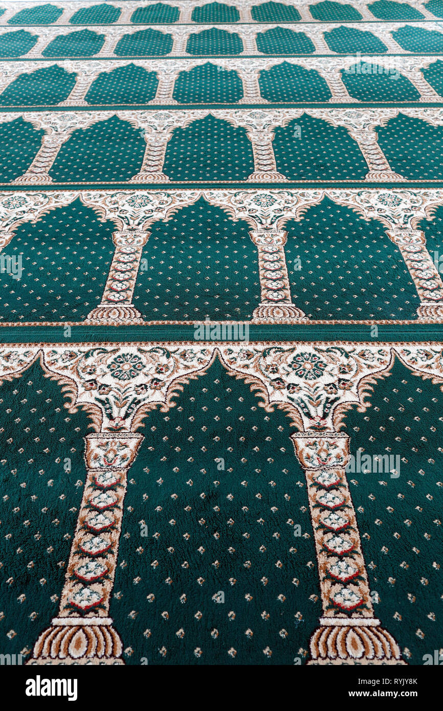 Masjid Al Ehsan mosque.  Prayer hall with green carpet.  Chau Doc. Vietnam. Stock Photo
