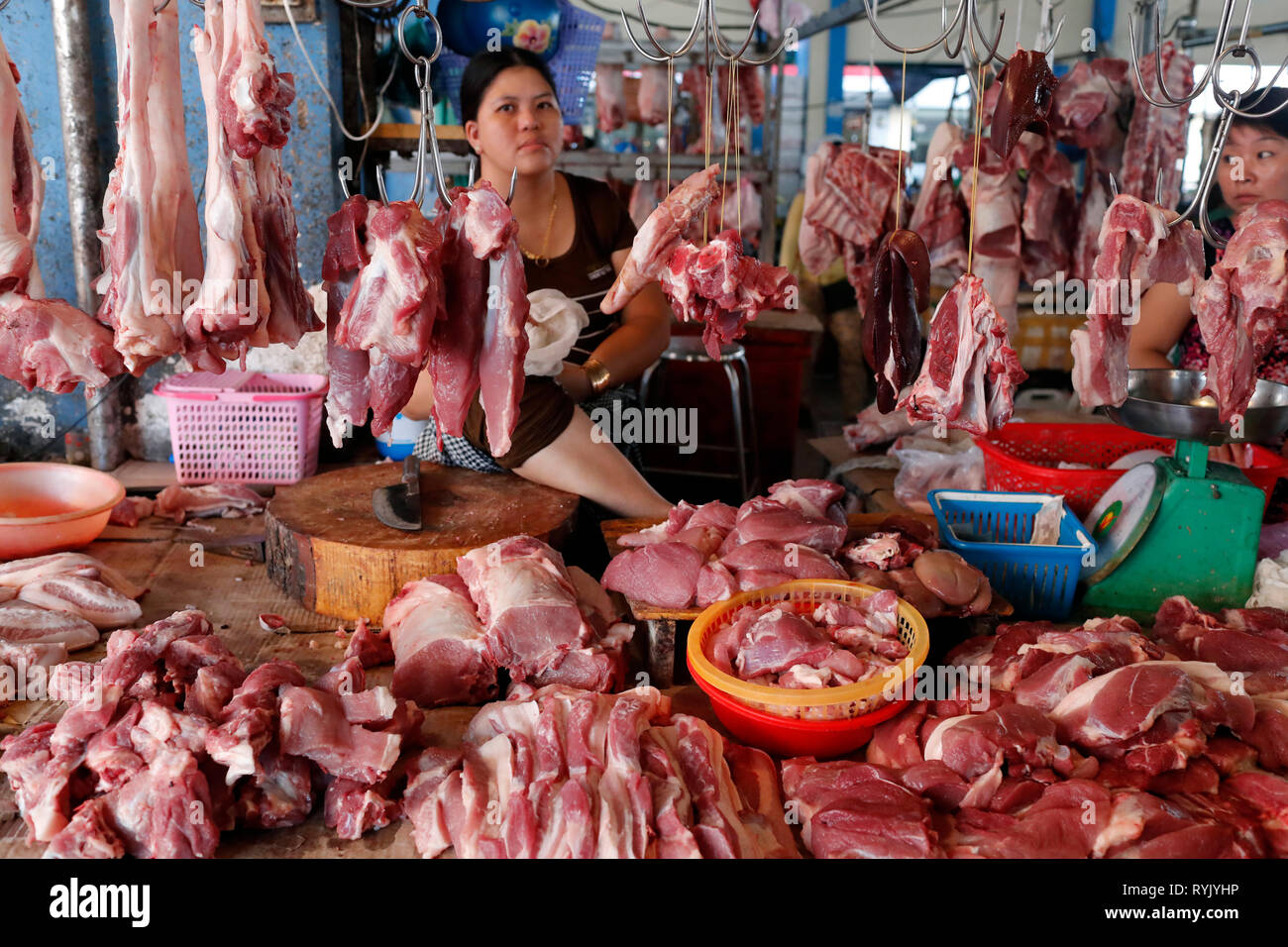 Fresh Meat Hang On Spike Market Stock Photo 357825224