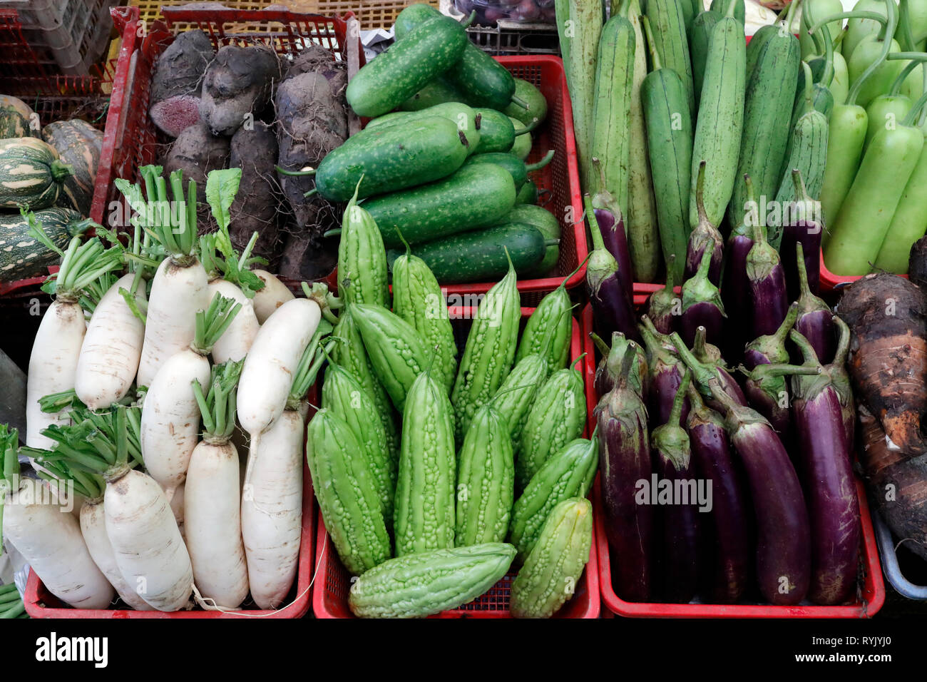 Traditional market vegetables shop.  Ha Tien. Vietnam. Stock Photo