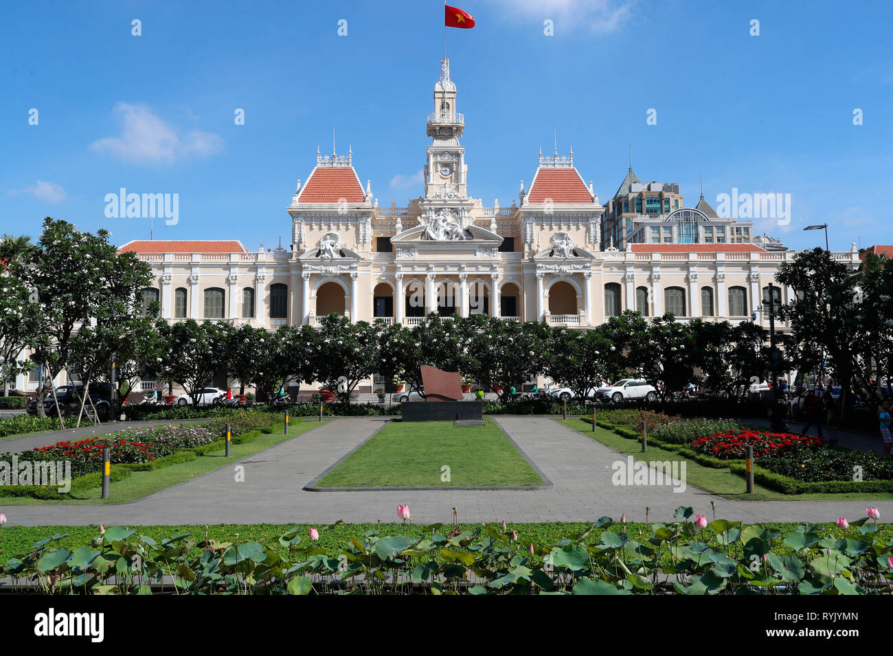 District 1.  Ho Chi Minh city town hall and garden.  Colonial French construction. Ho Chi Minh City. Vietnam. Stock Photo
