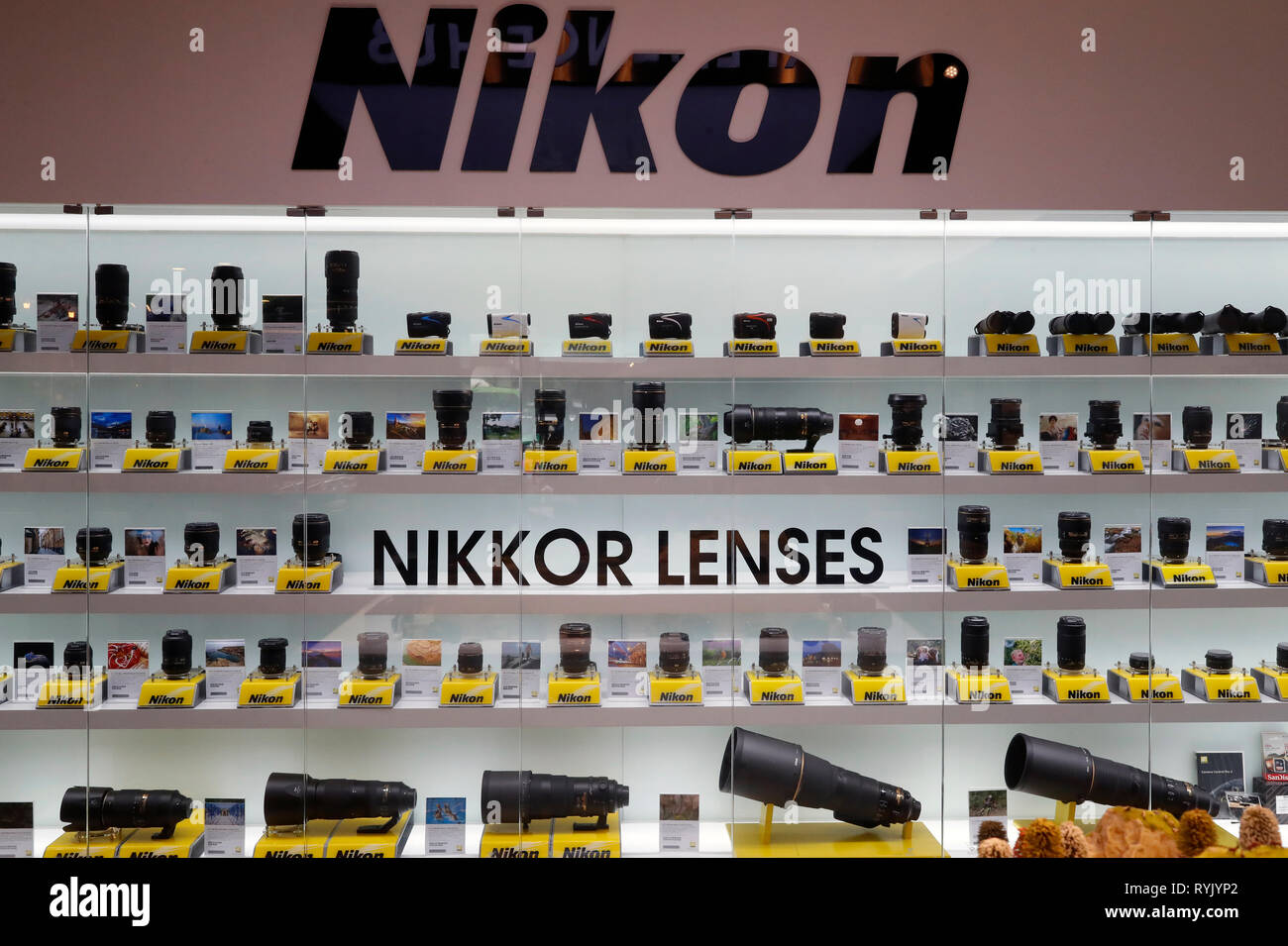 Nikon shop. Lenses.  Ho Chi Minh City. Vietnam. Stock Photo