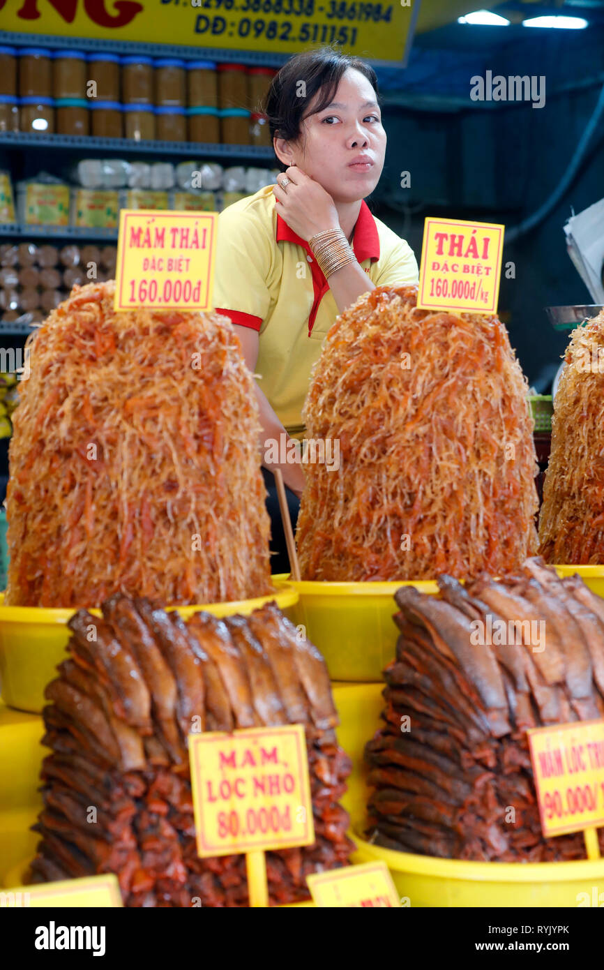 Fermented and dried fish market stalls. Chau Doc. Vietnam. Stock Photo