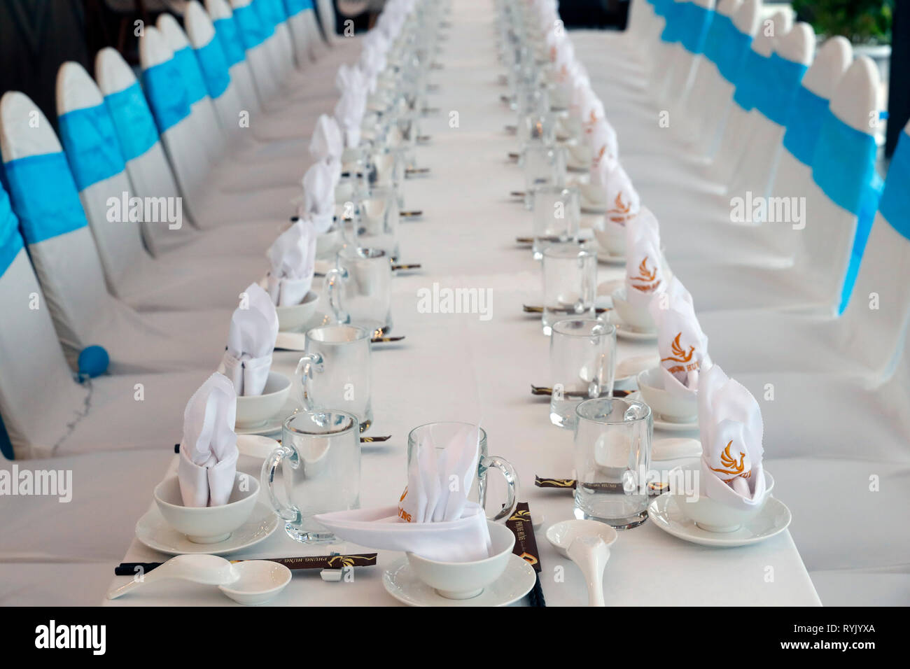 Restaurant. Table set for a birthday party.  Vietnam. Stock Photo