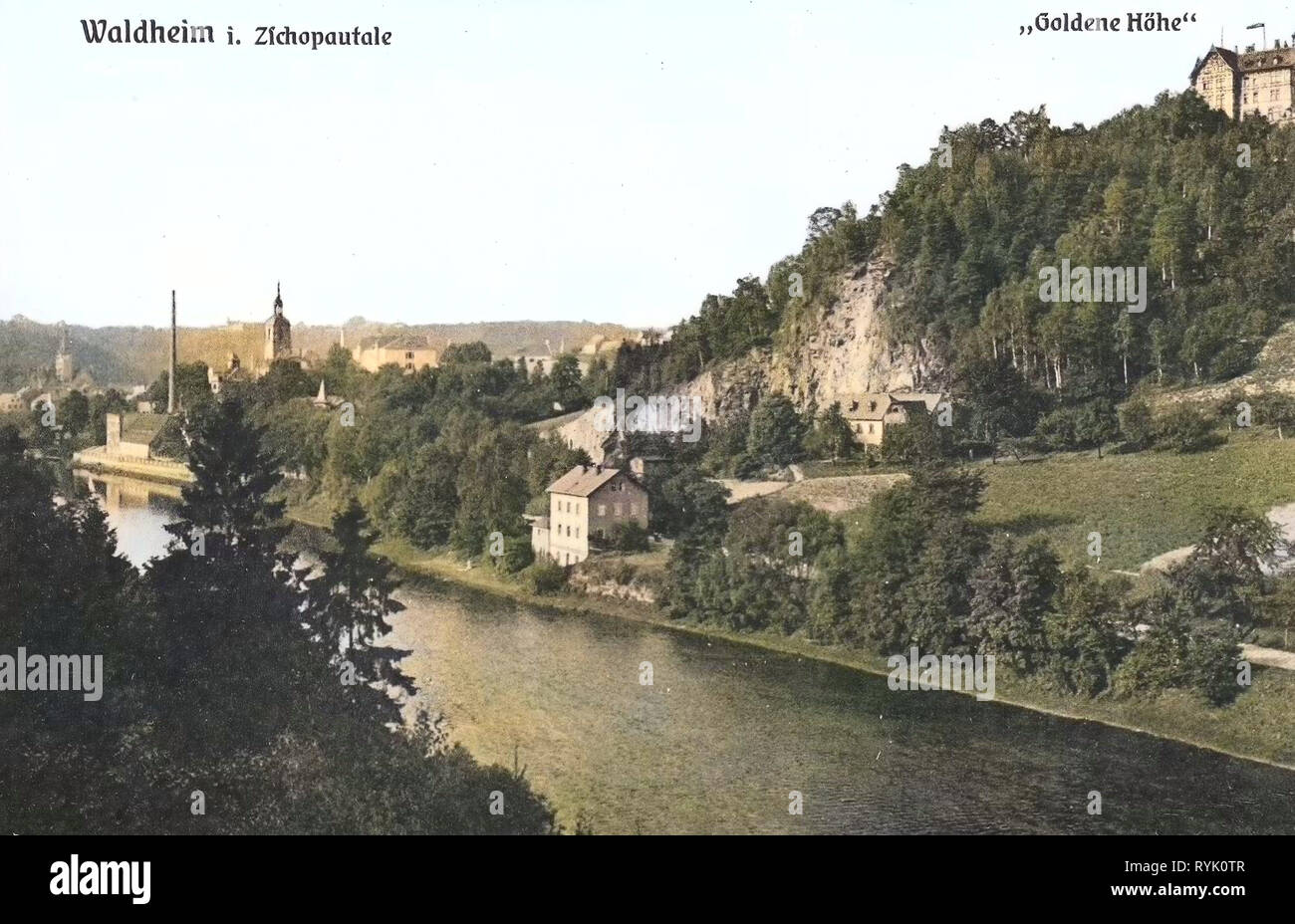 Buildings in Waldheim, Zschopau (river), 1913, Landkreis Mittelsachsen, Waldheim, Goldene Höhe, Germany Stock Photo