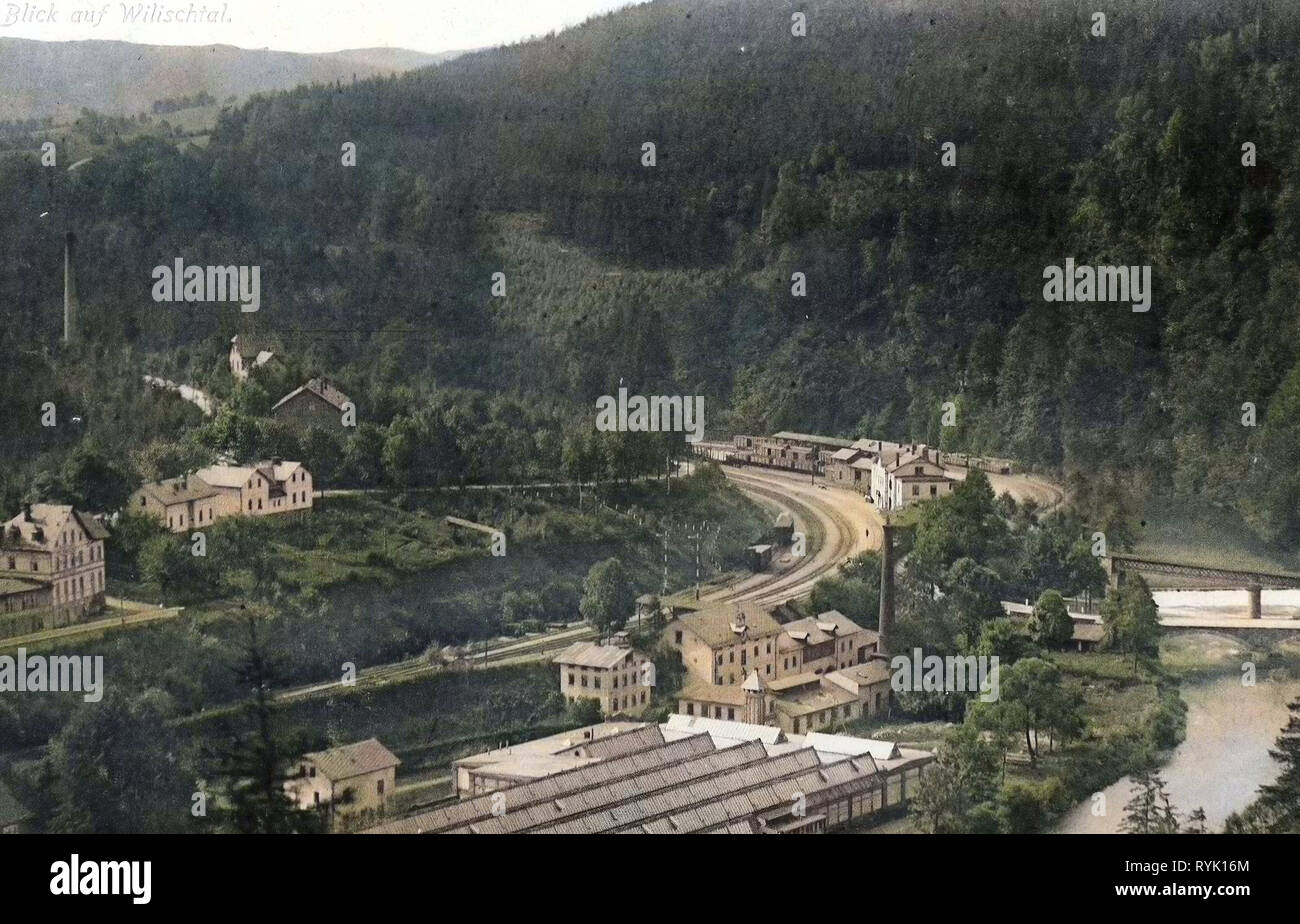 Zschopau (river), Level crossings in Saxony, Bridges in Erzgebirgskreis, Bahnhof Wilischthal, 1913, Erzgebirgskreis, Wilischtal, Germany Stock Photo
