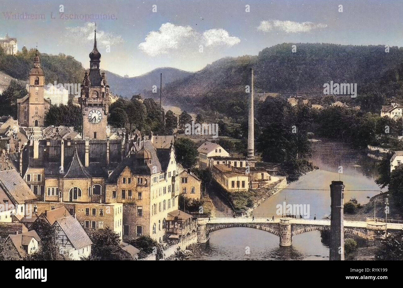 Buildings in Waldheim, Rathaus Waldheim, Churches in Waldheim, Zschopau (river), 1913, Landkreis