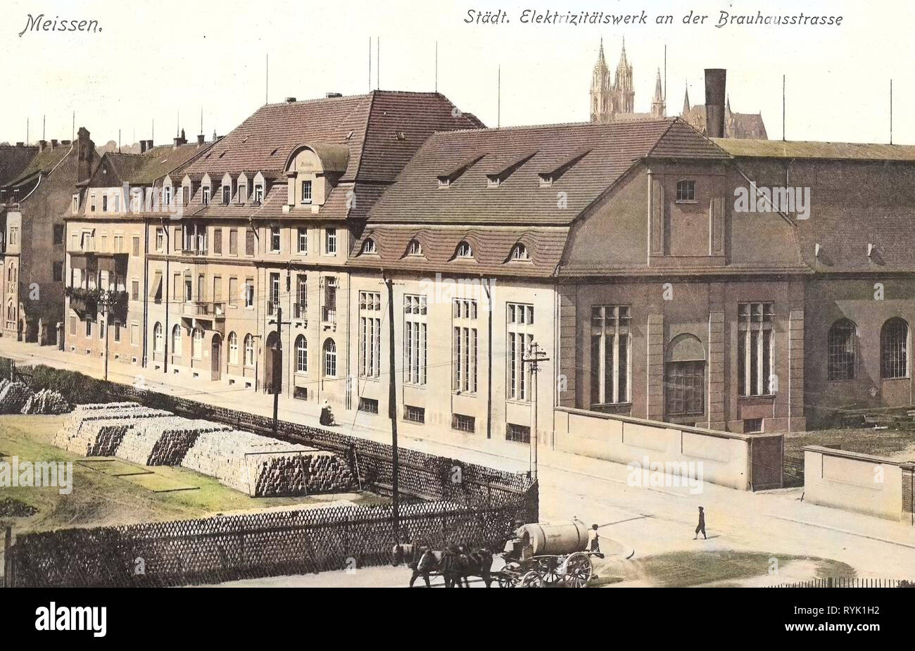 Breweries in Saxony, Transport of liquid, Buildings in Meißen, Meissen Cathedral, Picket fences in Germany, 1913, Meißen, Brauhausstraße, Elektrizitätswerk Stock Photo