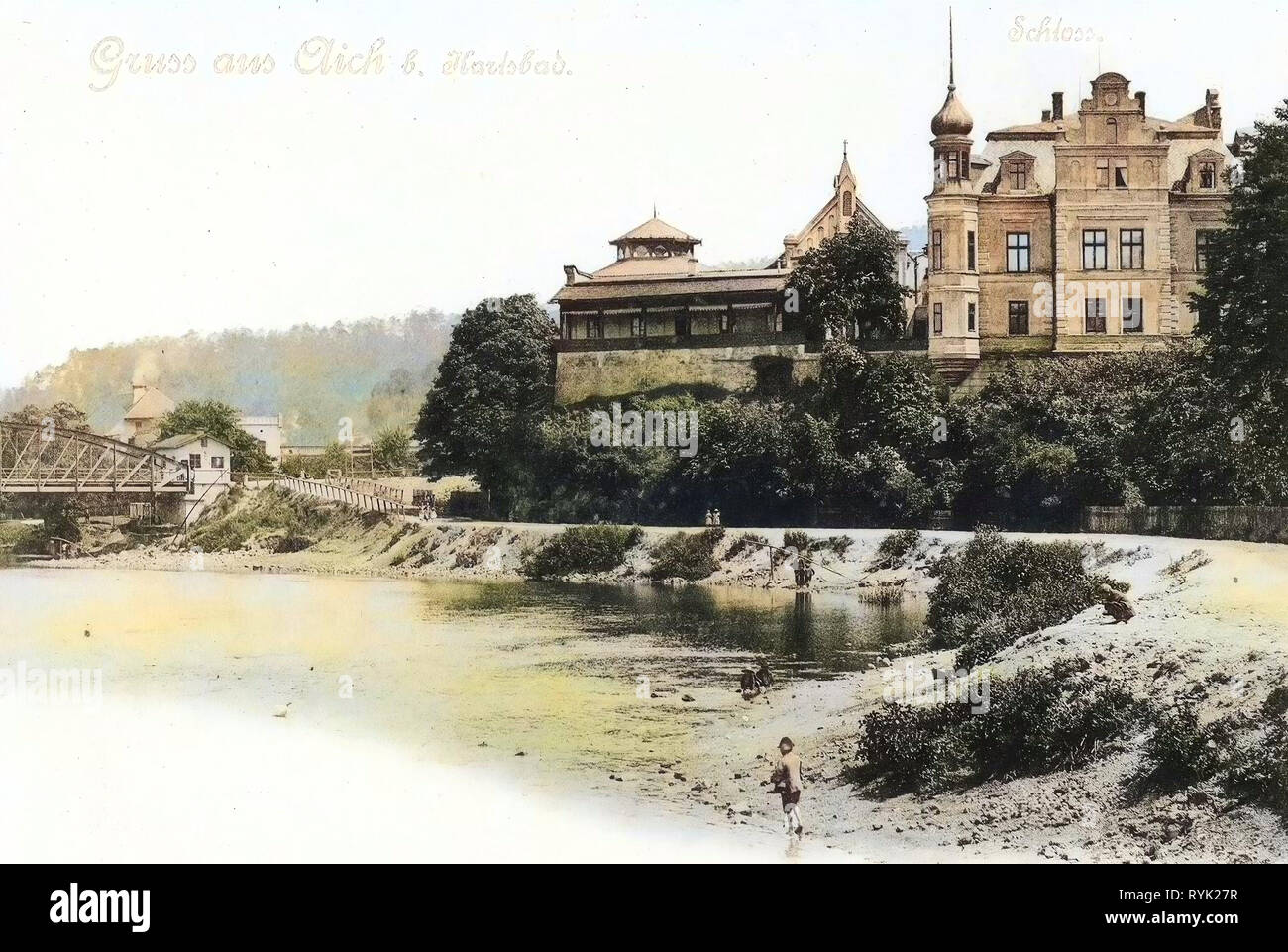 Castle Doubí, Doubský most, 1901, Karlovy Vary Region, Ohře in Doubí, Aich, Schloß, Czech Republic Stock Photo