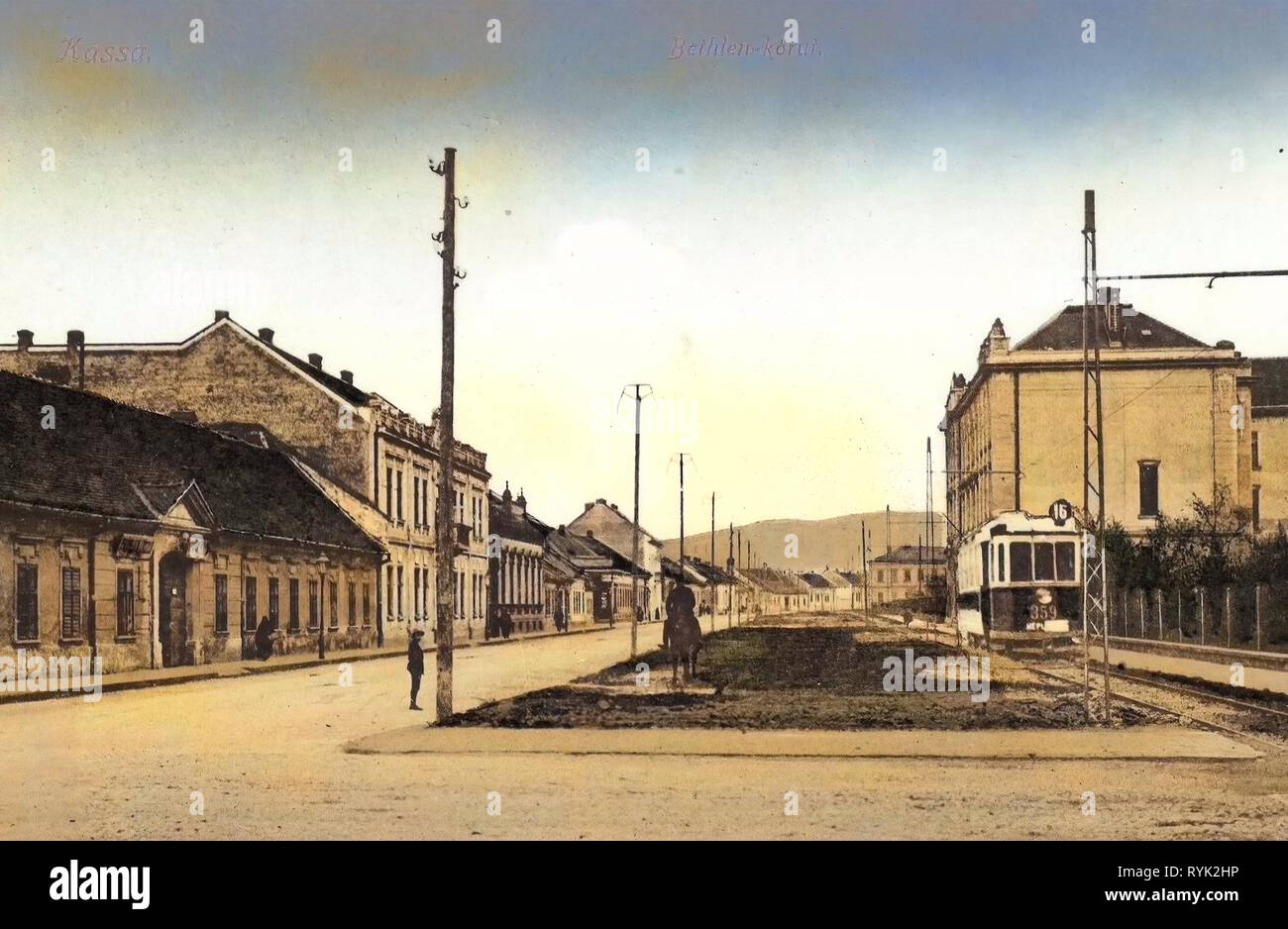 Tram transport in Košice, Buildings in Košice, 1914, Košice Region, Kassa, Bethlen körut Stock Photo