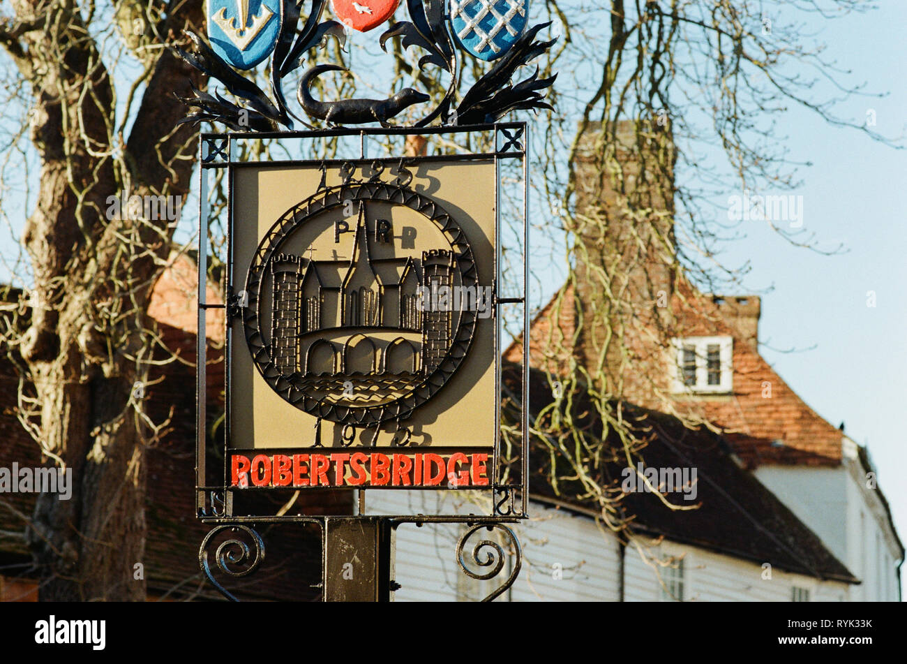 Village sign at Robertsbridge, East Sussex, Southern England Stock Photo