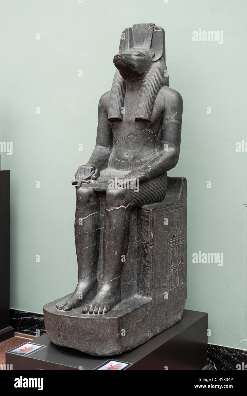 Copenhagen. Denmark. Statue of the Egyptian Jackal -headed God Anubis, 1403-1365 BC. Ny Carlsberg Glyptotek.  Reign of Amenophis III (Amenhotep III),  Stock Photo
