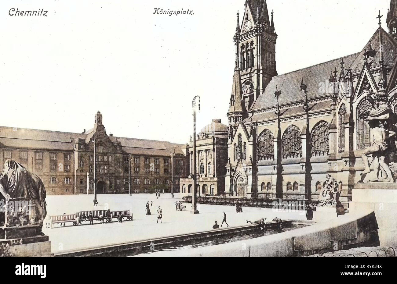 Streets and squares in Chemnitz, Buildings in Chemnitz, Theatre of Germany, St.-Petri-Kirche (Chemnitz), Museums in Chemnitz, Vier Tageszeiten, Sculptures in Chemnitz, 1914, Chemnitz, Königsplatz Stock Photo