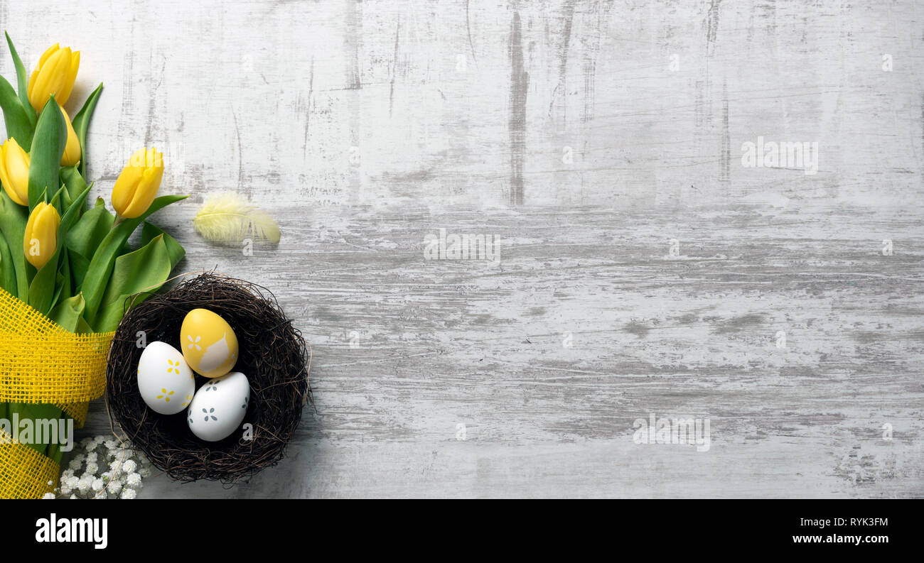 Easter eggs and spring flowers background. Top view with copy space ...
