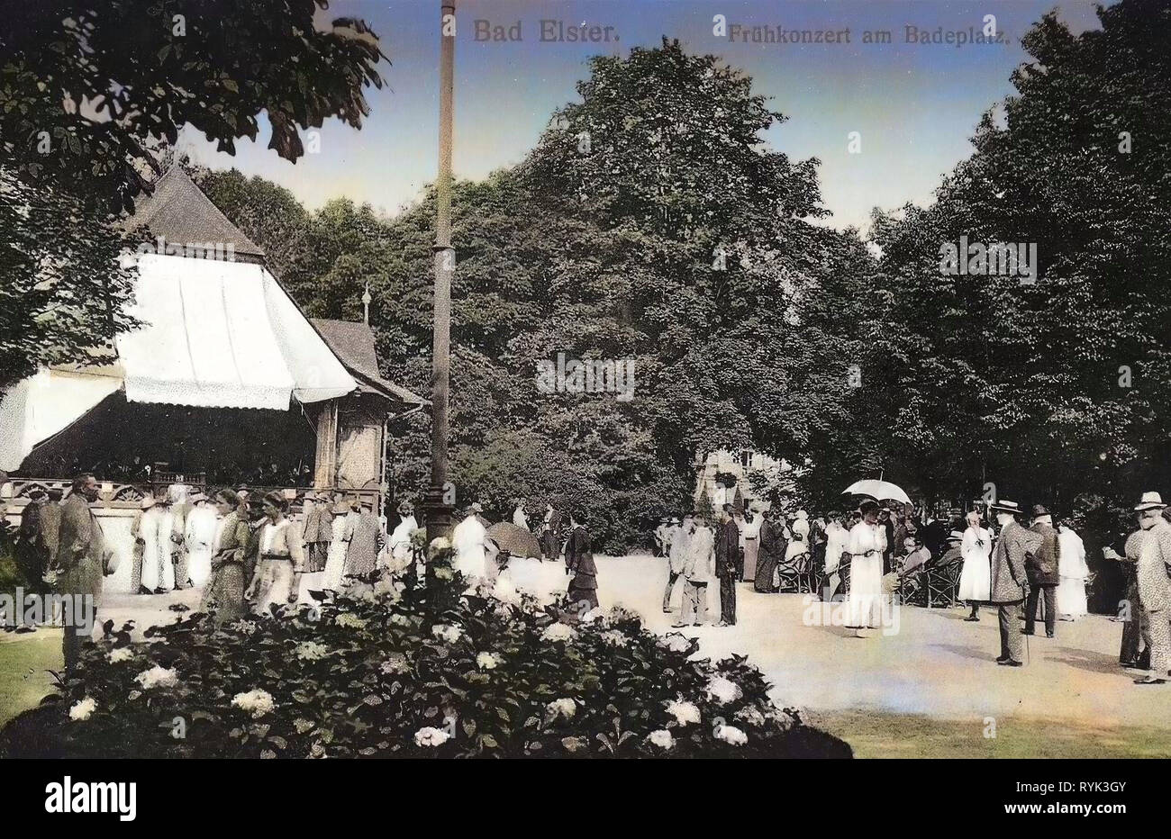 Concerts in Germany, Buildings in Bad Elster, 1914, Vogtlandkreis, Bad Elster, Badeplatz mit Frühkonzert Stock Photo