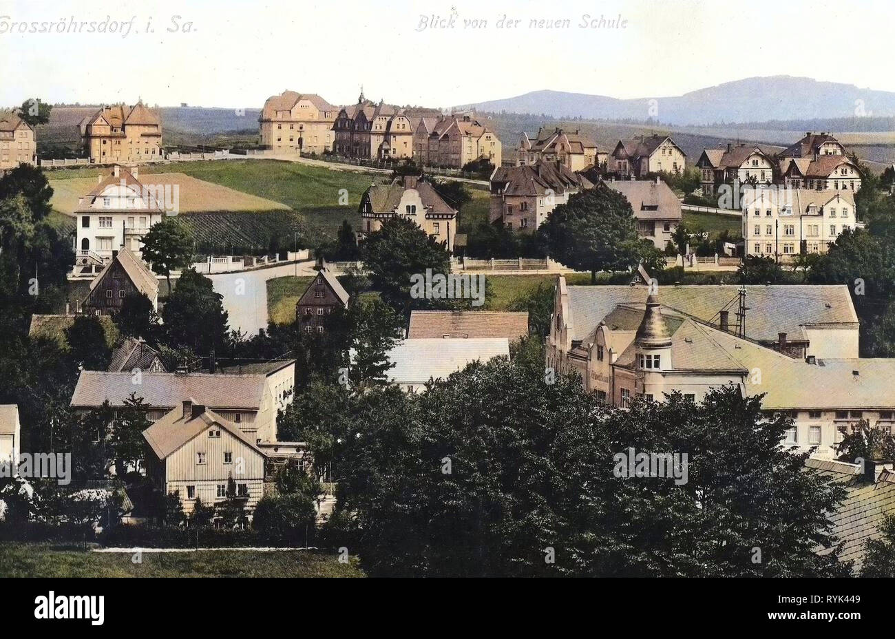 Buildings in Großröhrsdorf, 1914, Landkreis Bautzen, Großröhrsdorf, Blick von der neuen Schule, Germany Stock Photo
