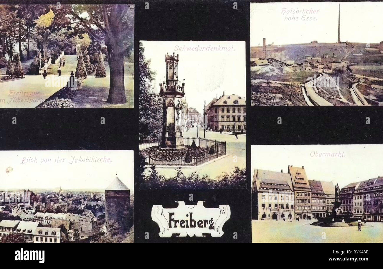 Multiview postcards, Monuments and memorials in Landkreis Mittelsachsen, Parks in Saxony, Buildings in Freiberg (Sachsen), Churches in Freiberg (Sachsen), Obermarkt (Freiberg, Sachsen), Halsbrücker Esse, 1914, Landkreis Mittelsachsen, Freiberg, verschiedene Stadtansichten, Germany Stock Photo