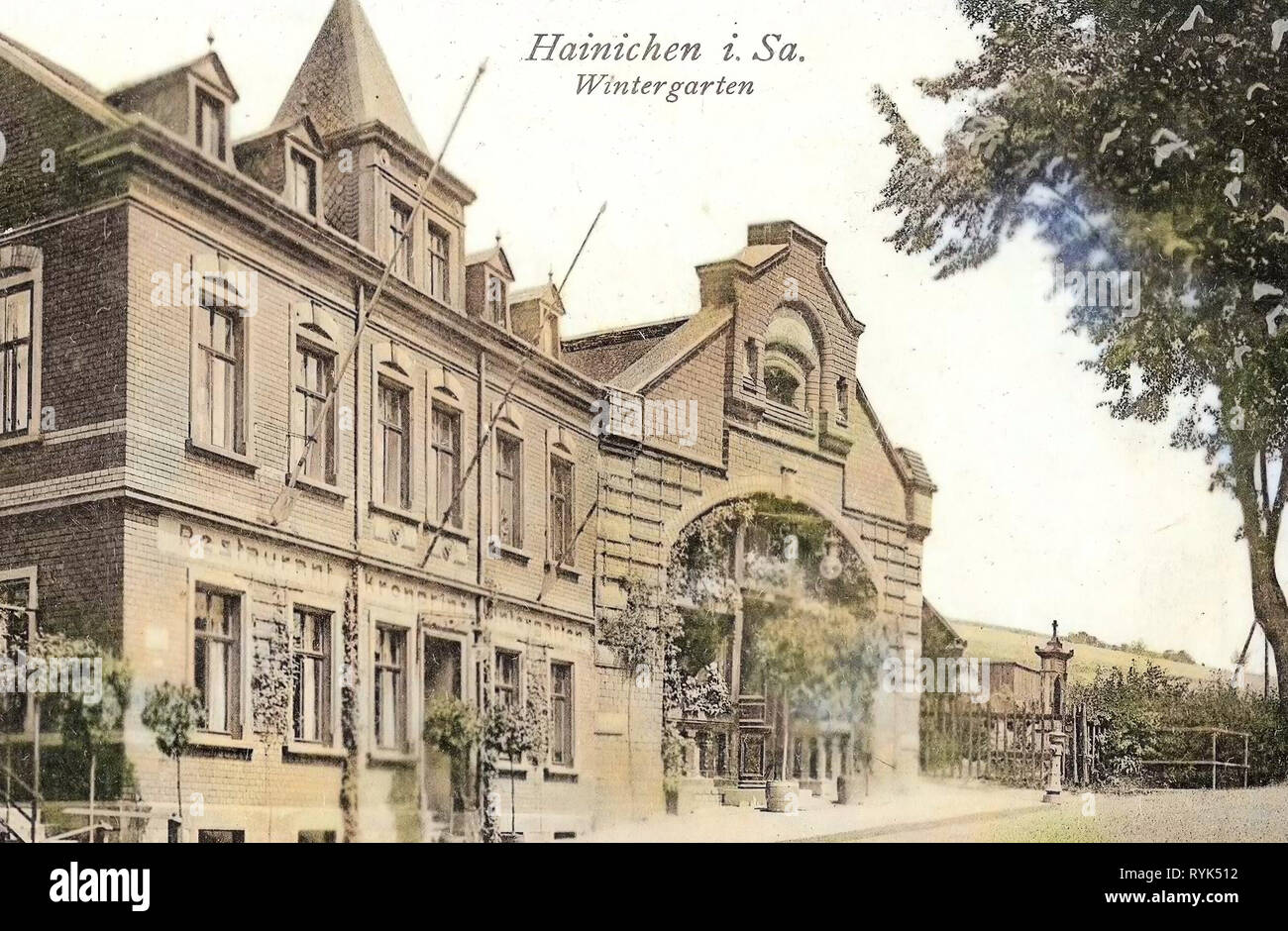 Restaurants in Landkreis Mittelsachsen, Winter gardens, Buildings in Hainichen, 1915, Landkreis Mittelsachsen, Hainichen, Restaurant Wintergarten, Germany Stock Photo