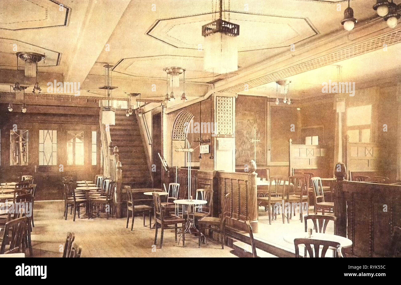 Cafés in Saxony, Round tables, Buildings in Leisnig, Dining rooms in Germany, Stairs in Landkreis Mittelsachsen, 1915, Landkreis Mittelsachsen, Leisnig, Cafe Meissner Stock Photo