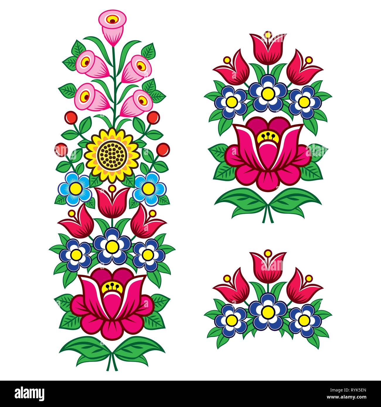 Floral Polish folk art vector design elements, motifs for weddding invitation, greeting card, Zalipie patterns with flowers Stock Vector