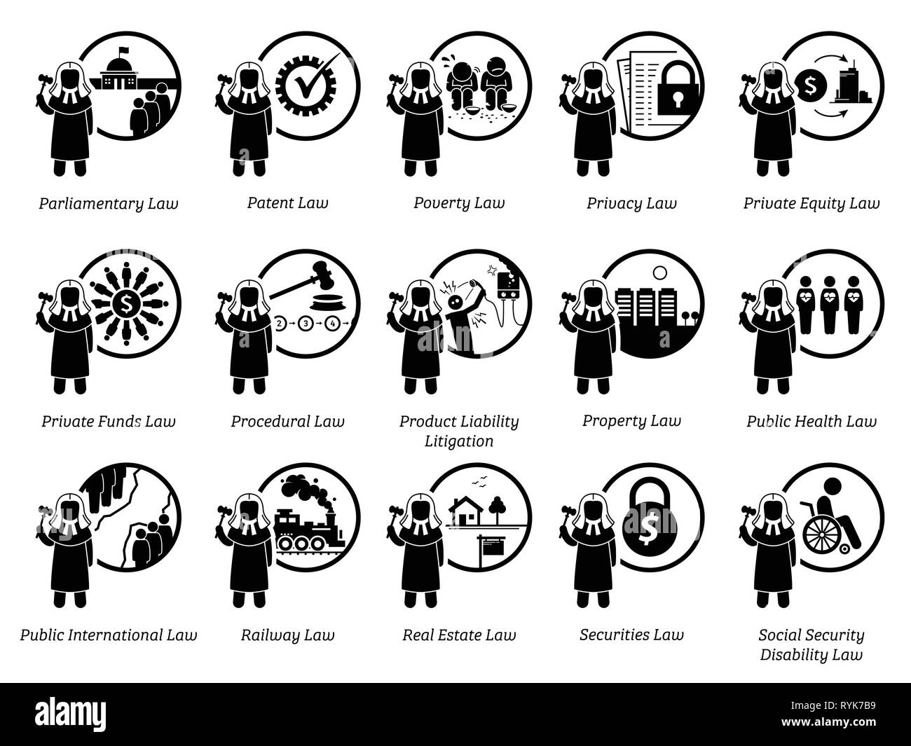Different type of laws. Icons depict field and area of laws, justice