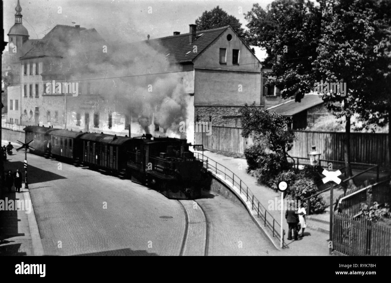 transport / transportation, railway, trains, passenger train of the narrow gauge railway Reichenbach - Oberheinsdorf, steam locomotive DR 99 162 Fairlie, Reichenbach in the Vogtland, picture postcard, 1950, Additional-Rights-Clearance-Info-Not-Available Stock Photo