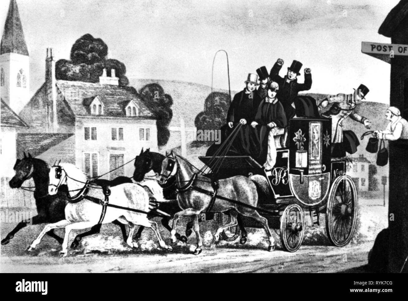 mail, mail coach, English mail coach, lithograph, early 19th century