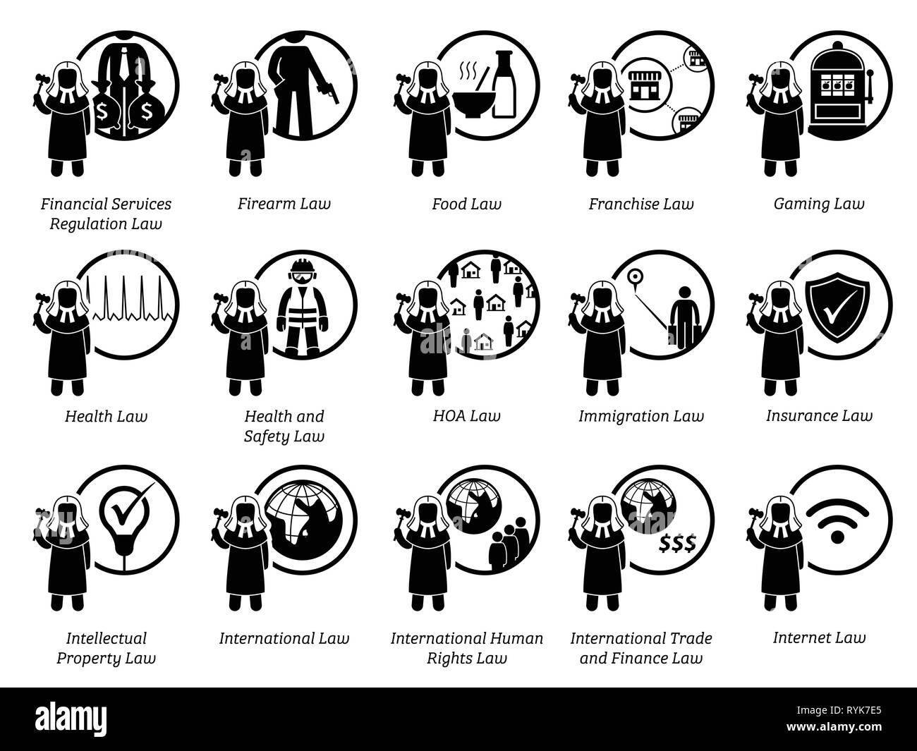 Different type of laws. Icons depict field and area of laws, justice, jurisdictions, regulations, and legal system. Part 4 of 7. Stock Vector