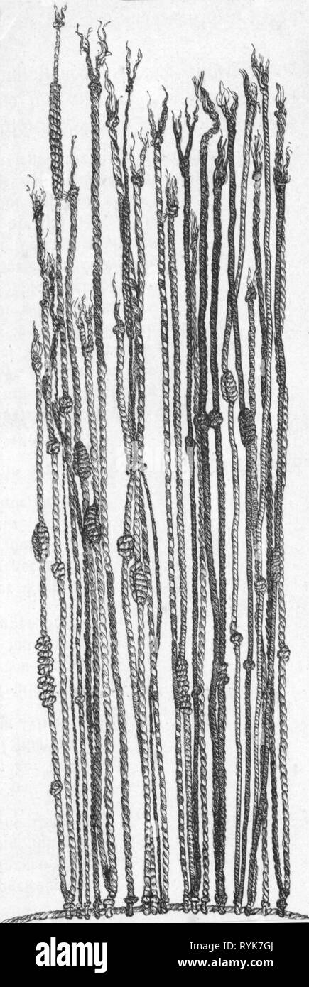 script, knot script (Quipu), South America circa 2500 BC - 1532 AD, knot cord, wood engraving, 19th century, Khipu, mail, post, transmission, transmissions, Inca, Peru, Caral, string, strings, knot, knots, archivings, electronic archiving, accounting, accounting and billing, communication, communications, , America, script, scripts, historic, historical, Artist's Copyright has not to be cleared Stock Photo