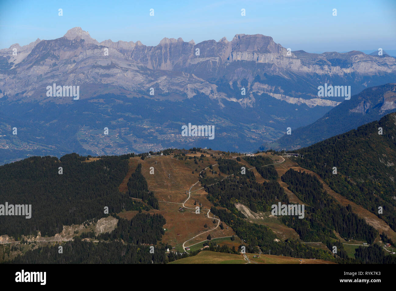 Landscape of the French Alps in summer. Aravis and Fiz mountains.  France. Stock Photo