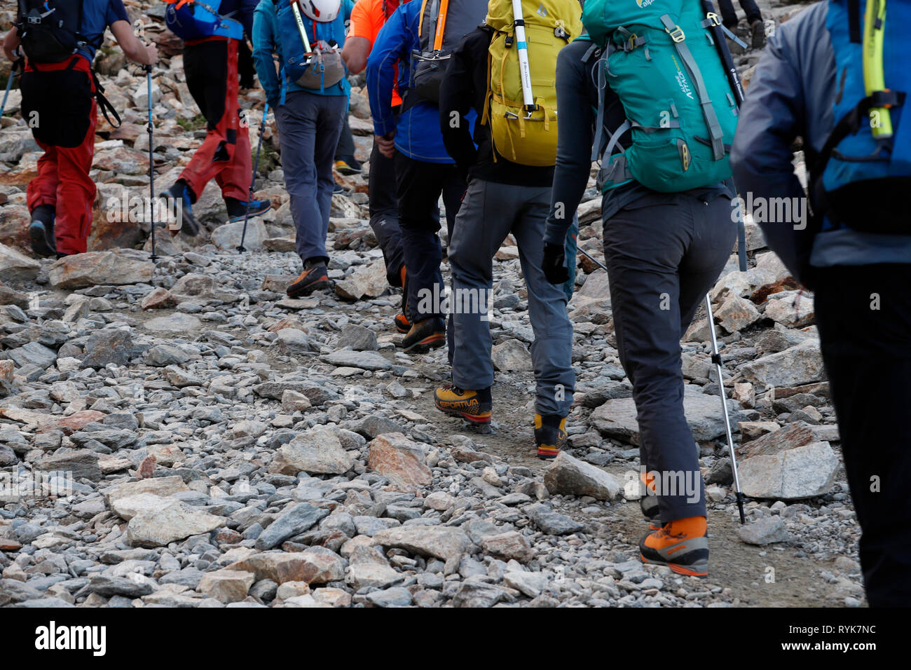 Alpinists during the ascent of Mont Blanc along the regular route via Gouter Refuge.   France. Stock Photo