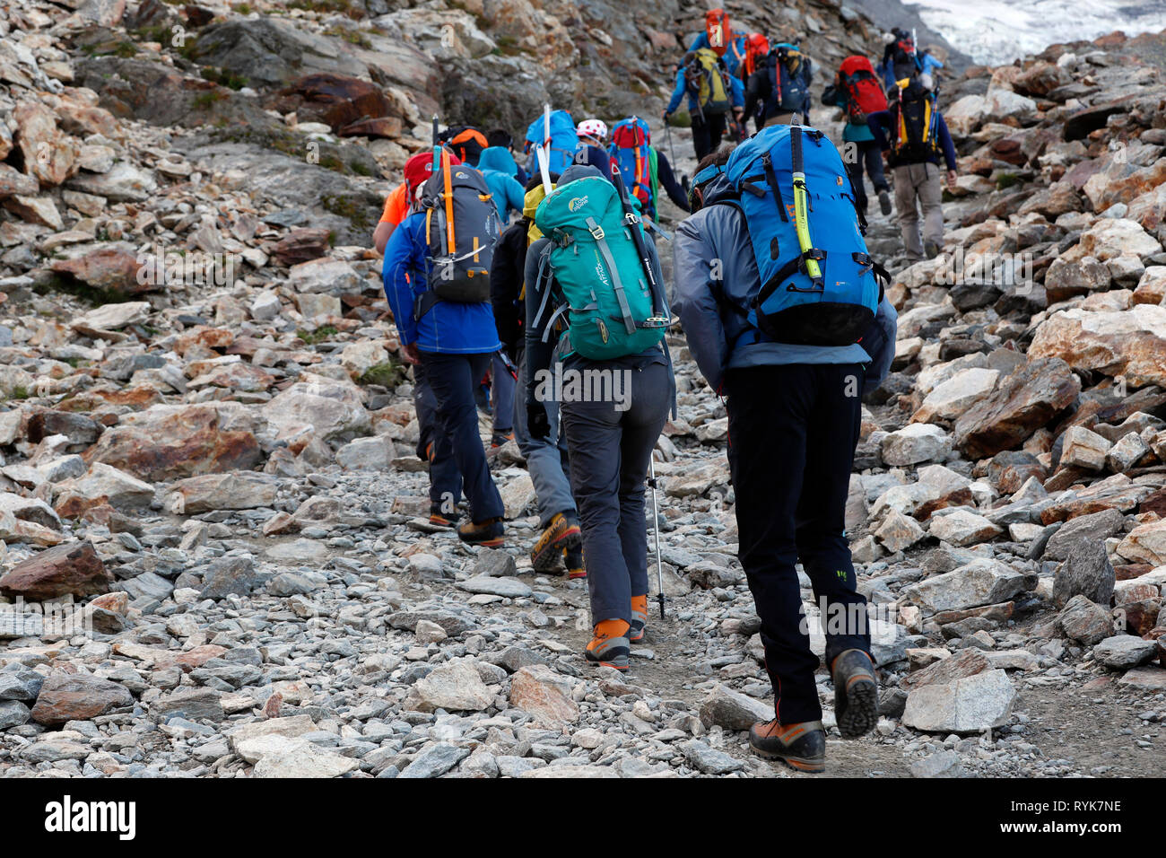 Alpinists during the ascent of Mont Blanc along the regular route via Gouter Refuge.   France. Stock Photo
