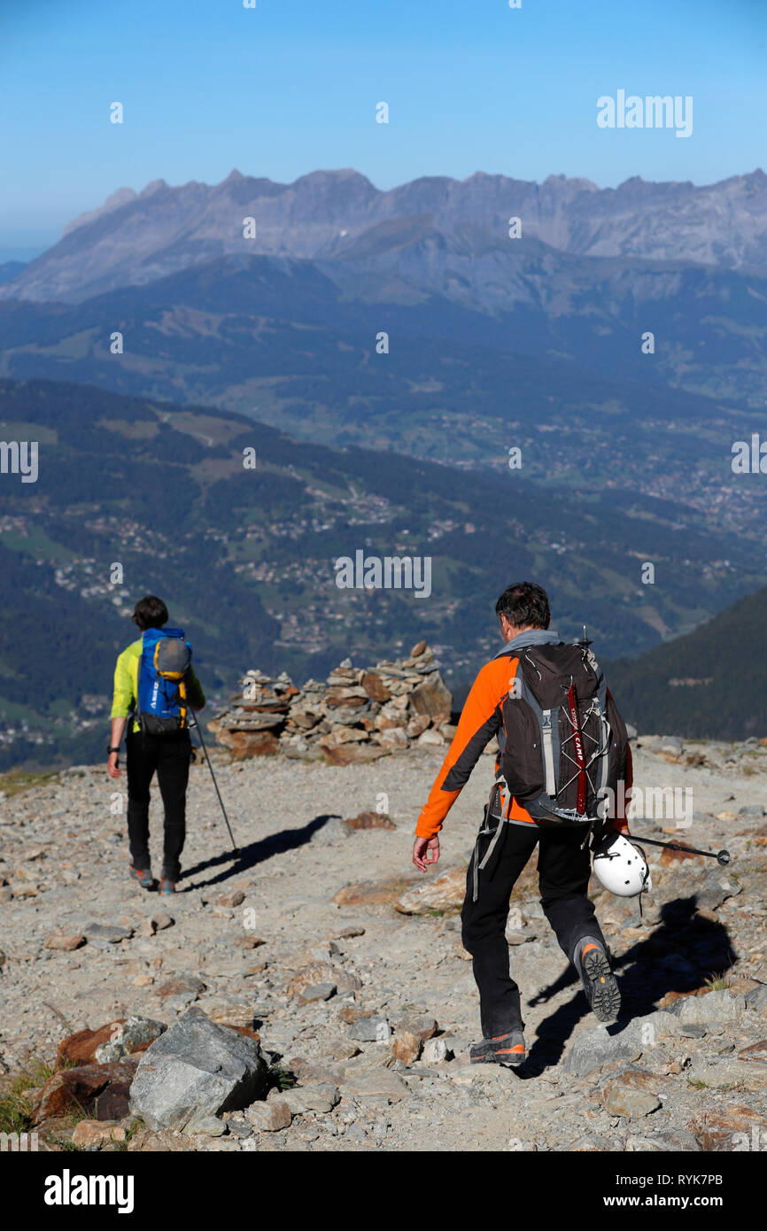 Mountain hikers in summer.  Mont Blanc Massif,  French Alps.  France. Stock Photo
