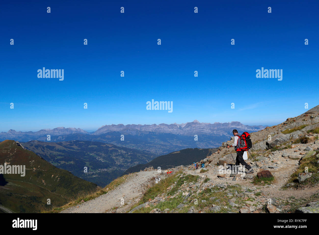 Mountain hiker in summer.  Mont Blanc Massif,  French Alps.  France. Stock Photo