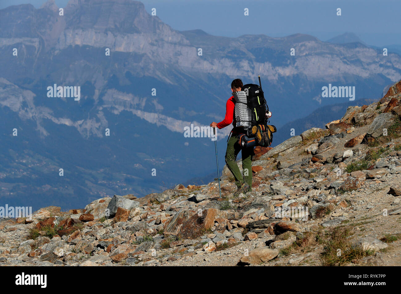 Mountain hiker during the ascent of Mont Blanc along the regular route via Gouter Refuge. Frenh Alps.   France. Stock Photo