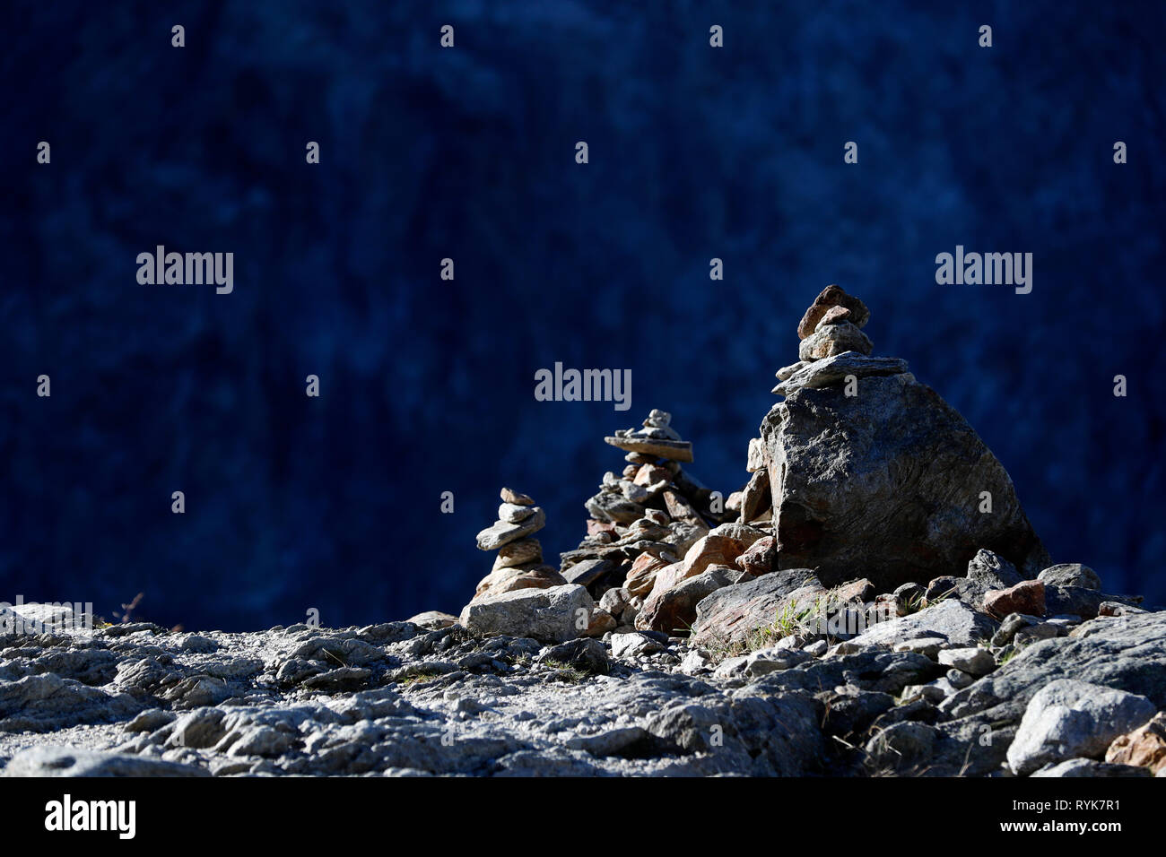 A stone cairn in the French Alps.   France. Stock Photo
