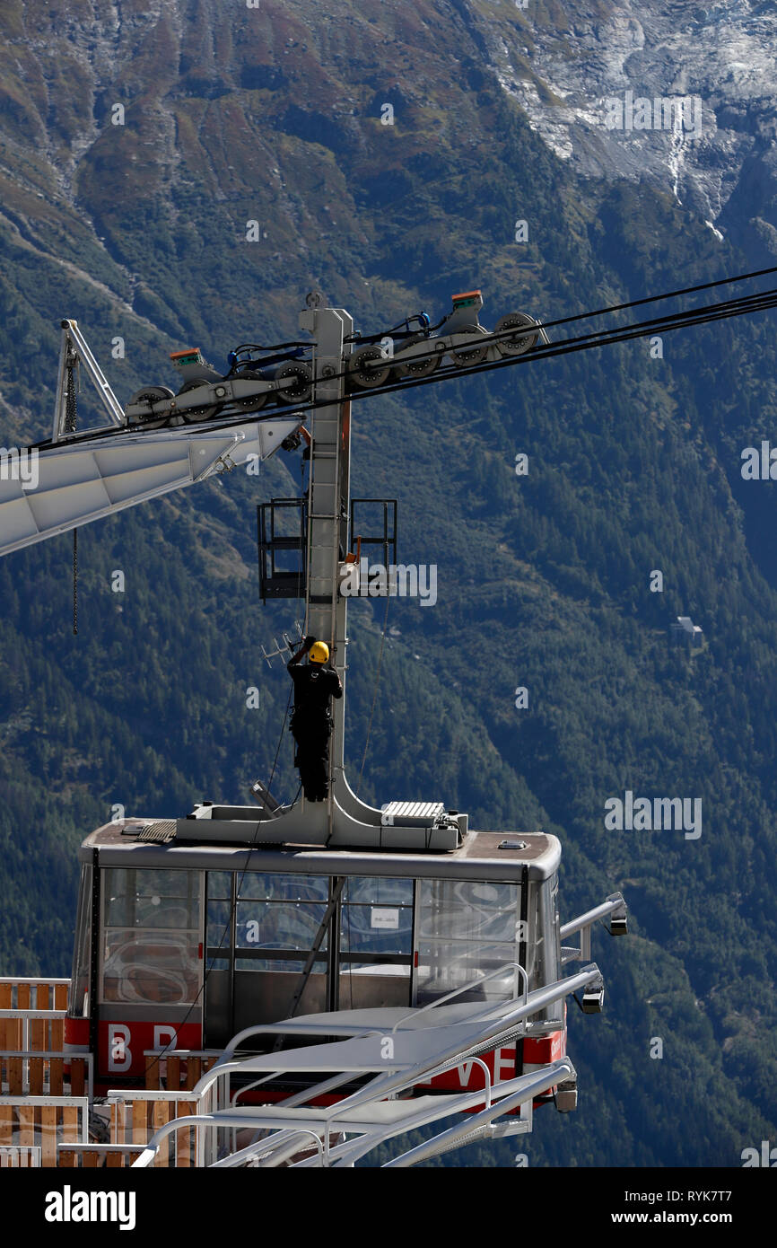 Mecanic review on Brevent cable car. Chamonix Valley, French Alps.  France. Stock Photo