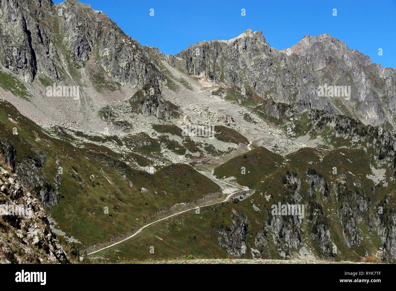 French Alps. Chamonix valley. Panorama of the Aiguilles Rouges massif ...