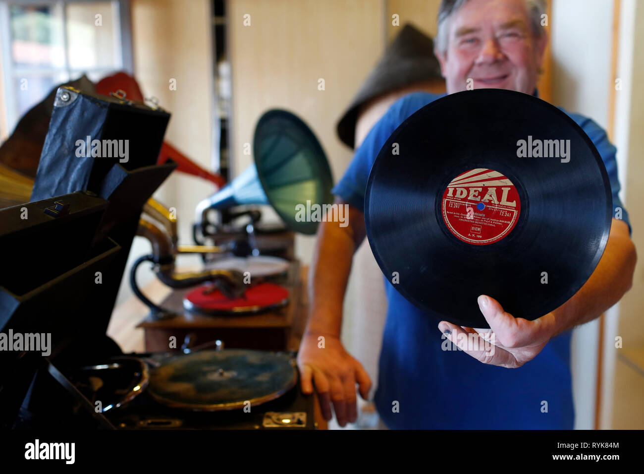 Old Domancy craft festival. Old gramophone and  LP record.  France. Stock Photo