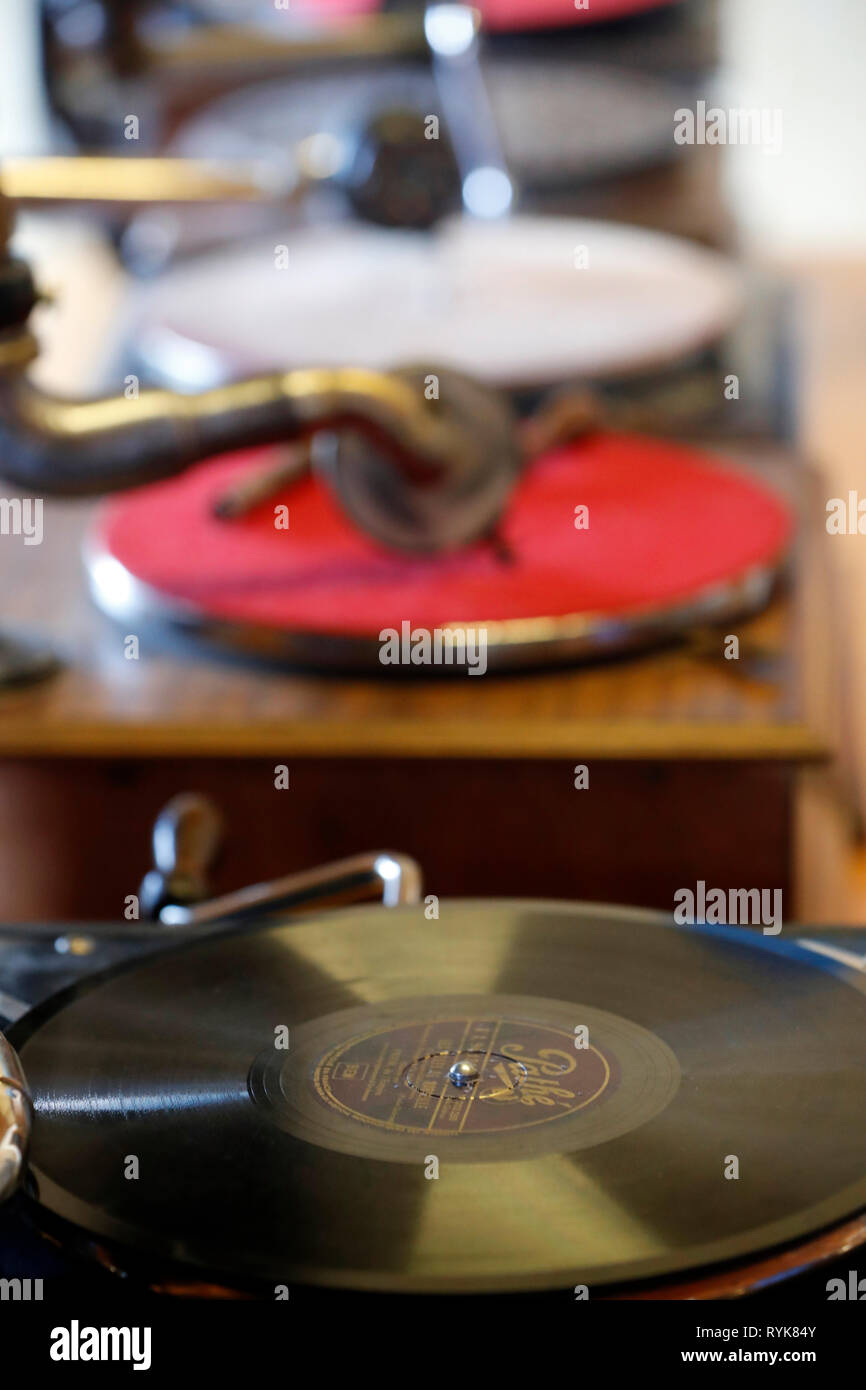 Old Domancy craft festival. Old gramophone and  LP record.  France. Stock Photo