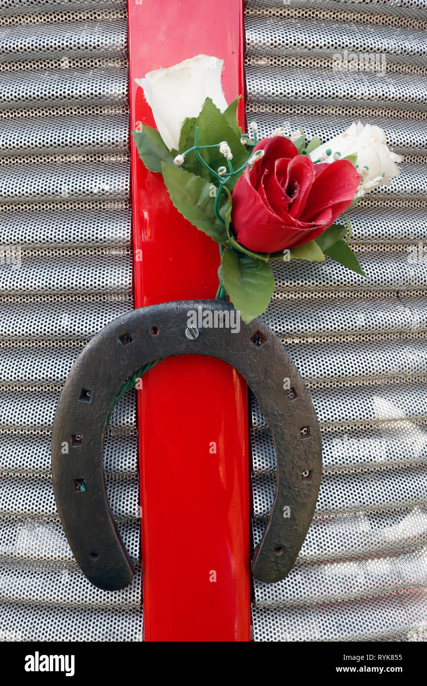 A horseshoe on a truck is regarded a protective talisman. France. Stock Photo