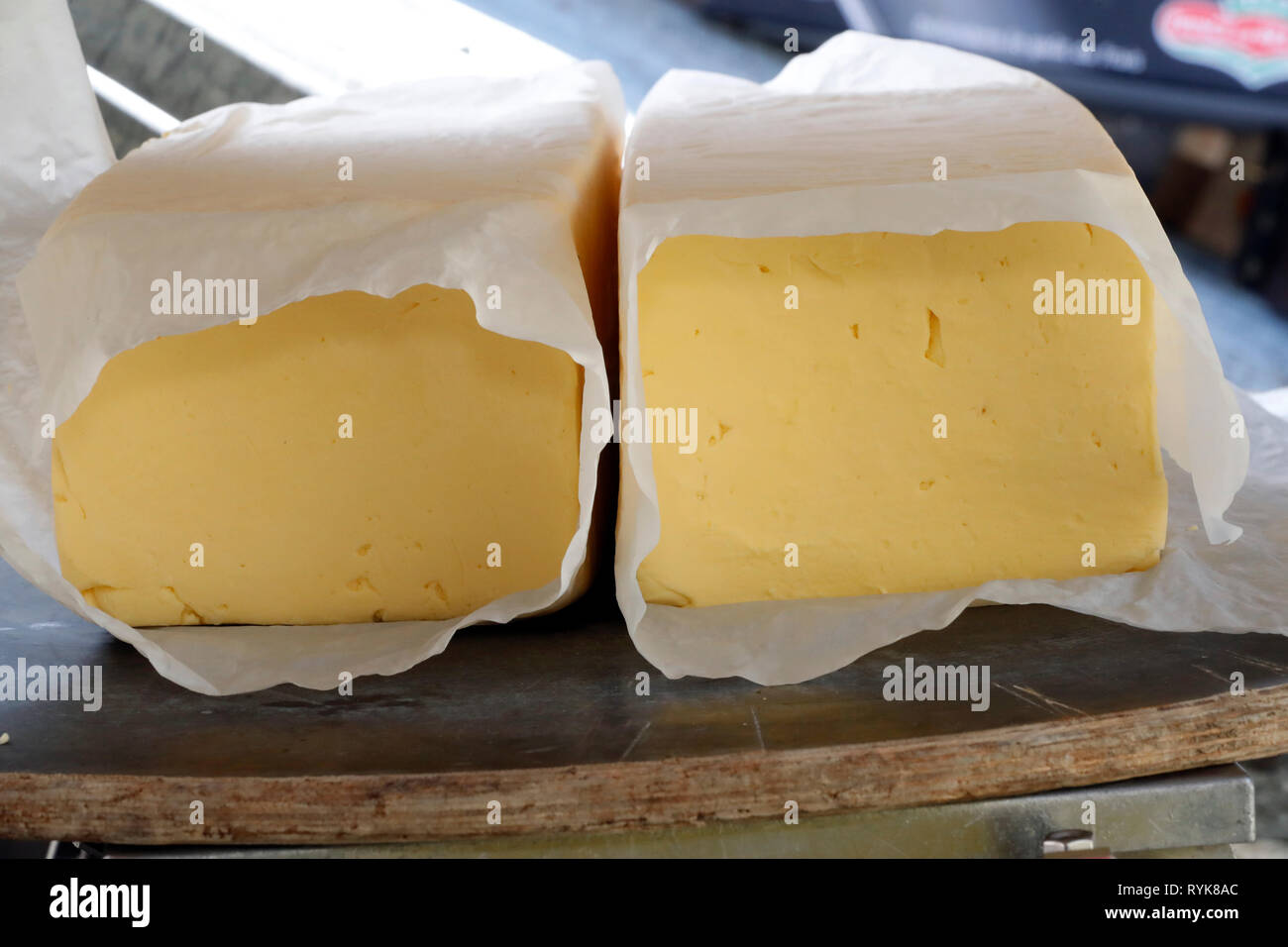 French Alps. Traditional cheese factory. Fresh made butter.  Peisey Nancroix. France. Stock Photo
