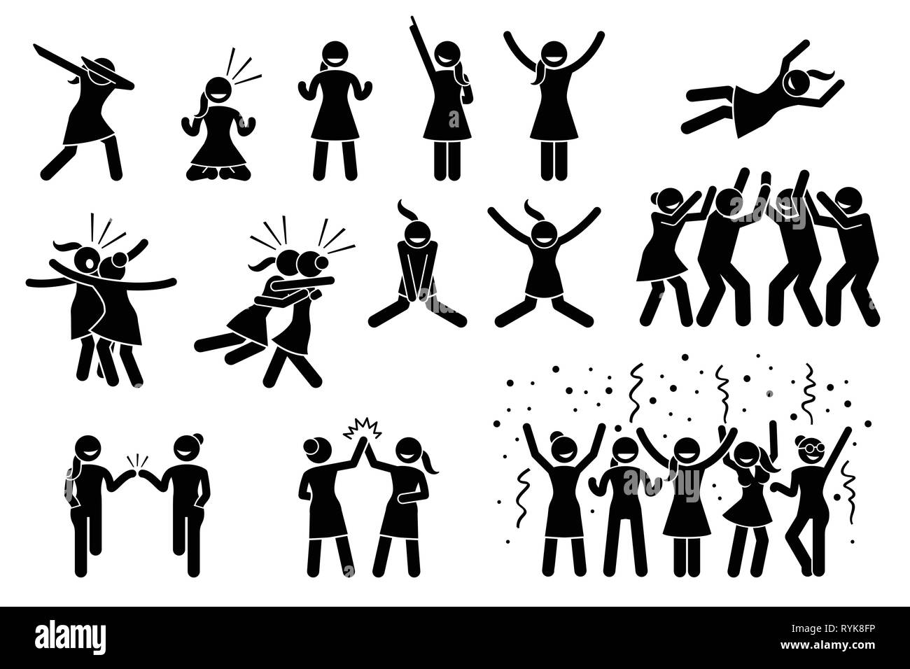 Female, girl, or woman celebration poses and gestures. Artwork shows girl celebrating by dabbing, raising hands, jumping up, hug, chest bump, high fiv Stock Vector