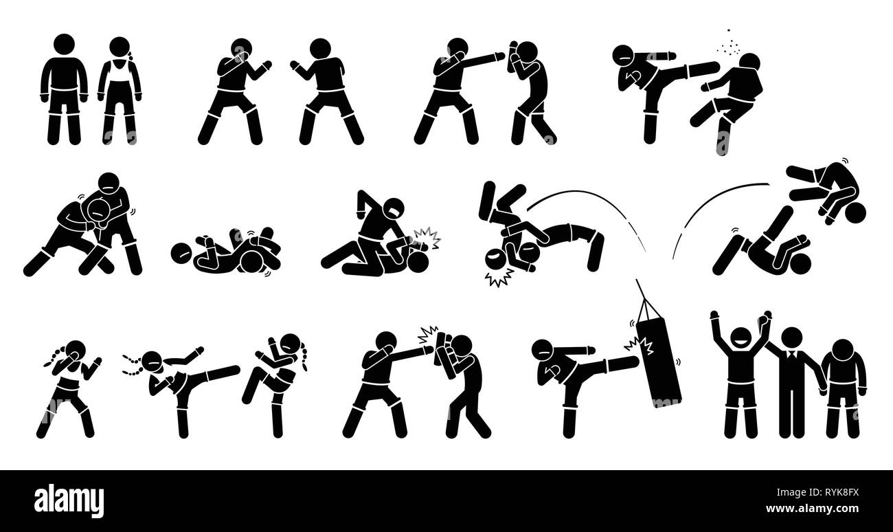 MMA mixed martial arts actions. Pictogram depicts MMA fighters with fighting and combat techniques. These MMA male and female poses are punch, kick, b Stock Vector