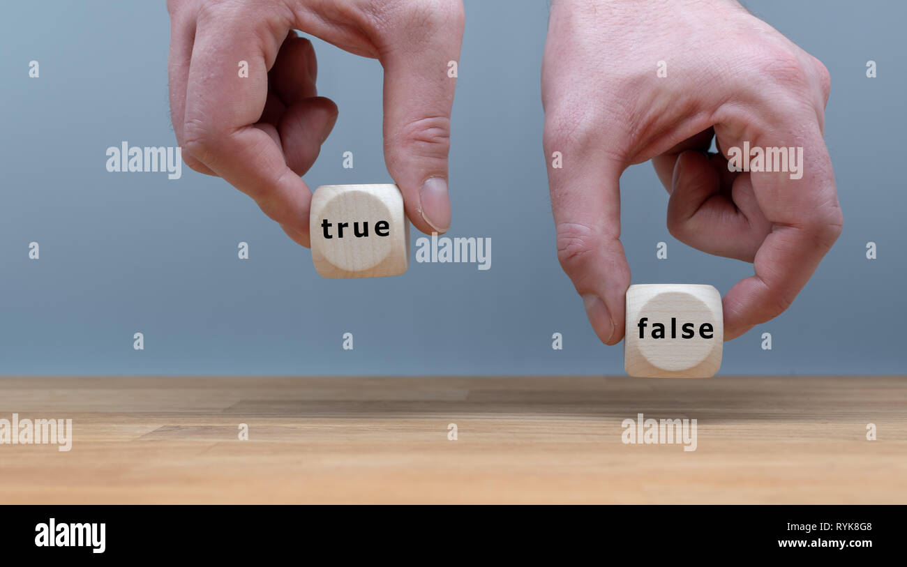 True or False? Two Hands hold two dice with the words "TRUE" and "FALSE